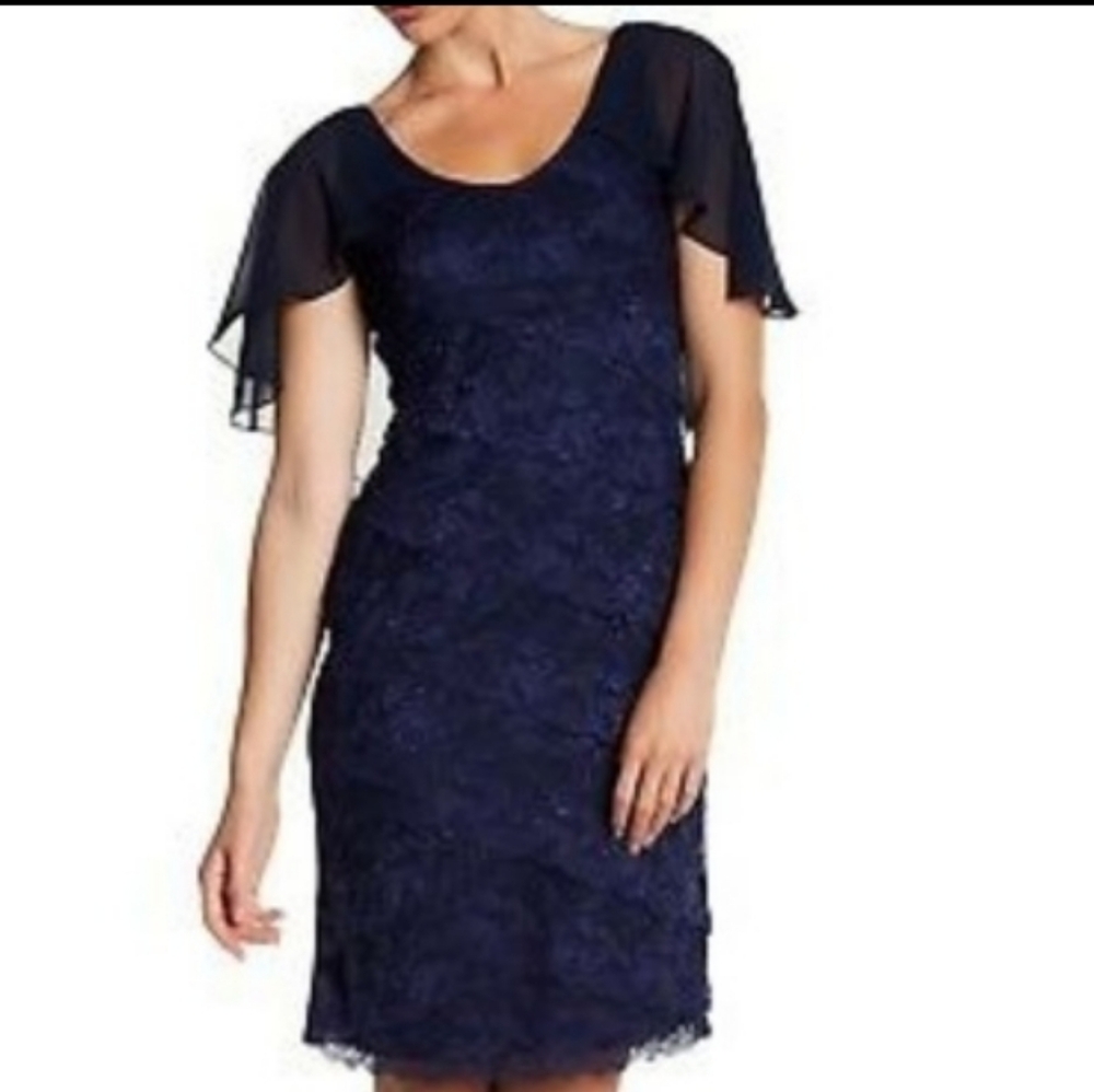 MARINA Tiered Lace Capelet Cocktail Navy Formal Dress Size 10 NWT